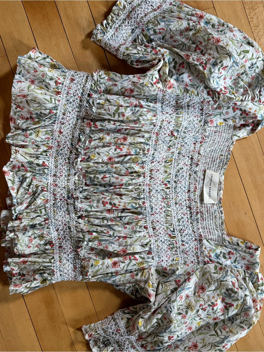 Loeffler Randall White Floral Smocked Square-Neck Top with Green and Red Print